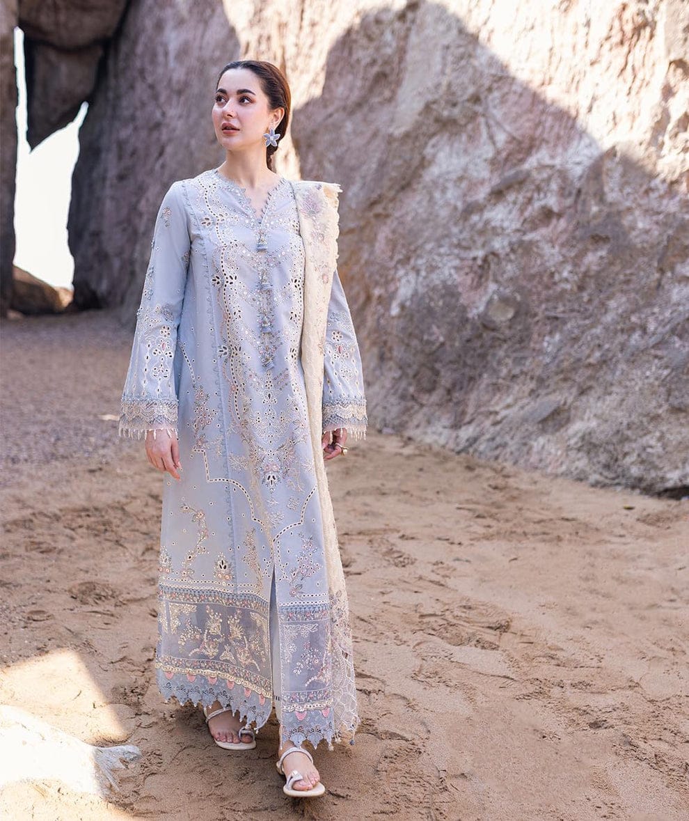 Qalamkar Sky Blue Luxury Lawn Chikankari Dress 3pc Unstitched