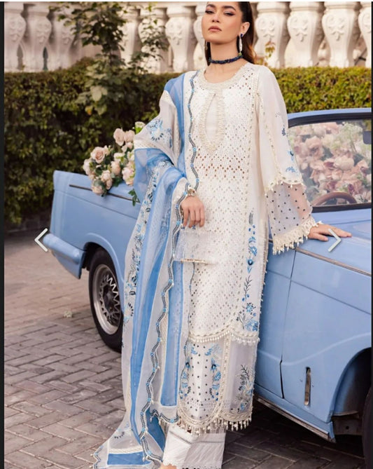 Hussain Rehar White Chikankari Lawn Embroidery Dress Luxury 3pc