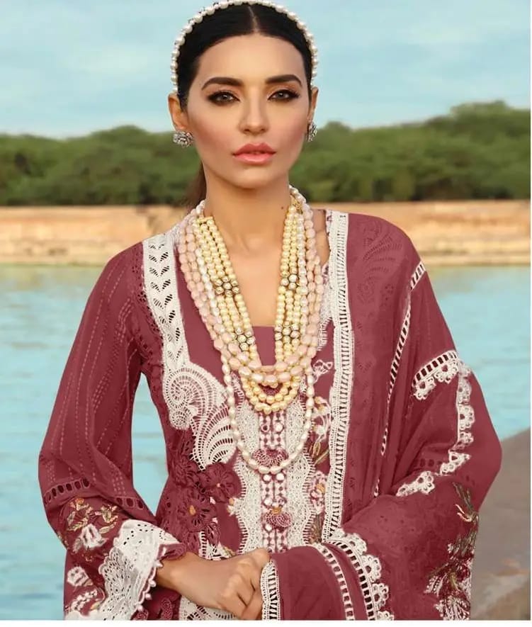 CRIMSON X MAROON CHIKANKARI DRESS LAWN FABRIC 3PC