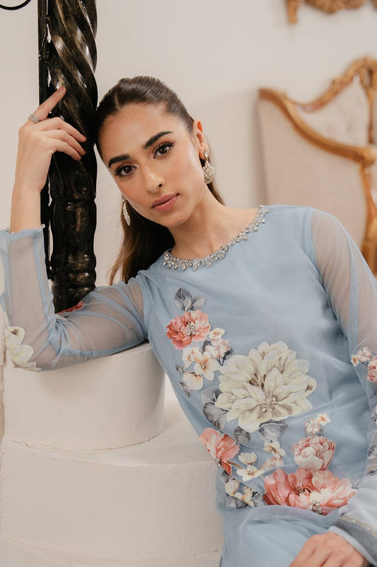 Lulusar Sky Blue Silk Digital Print Hand Work Party Wear Collection