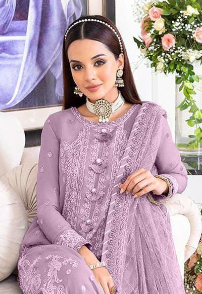 A.J Purple Jhilmil Semi Pure Chiffon Embroidery 3piece Unstitched