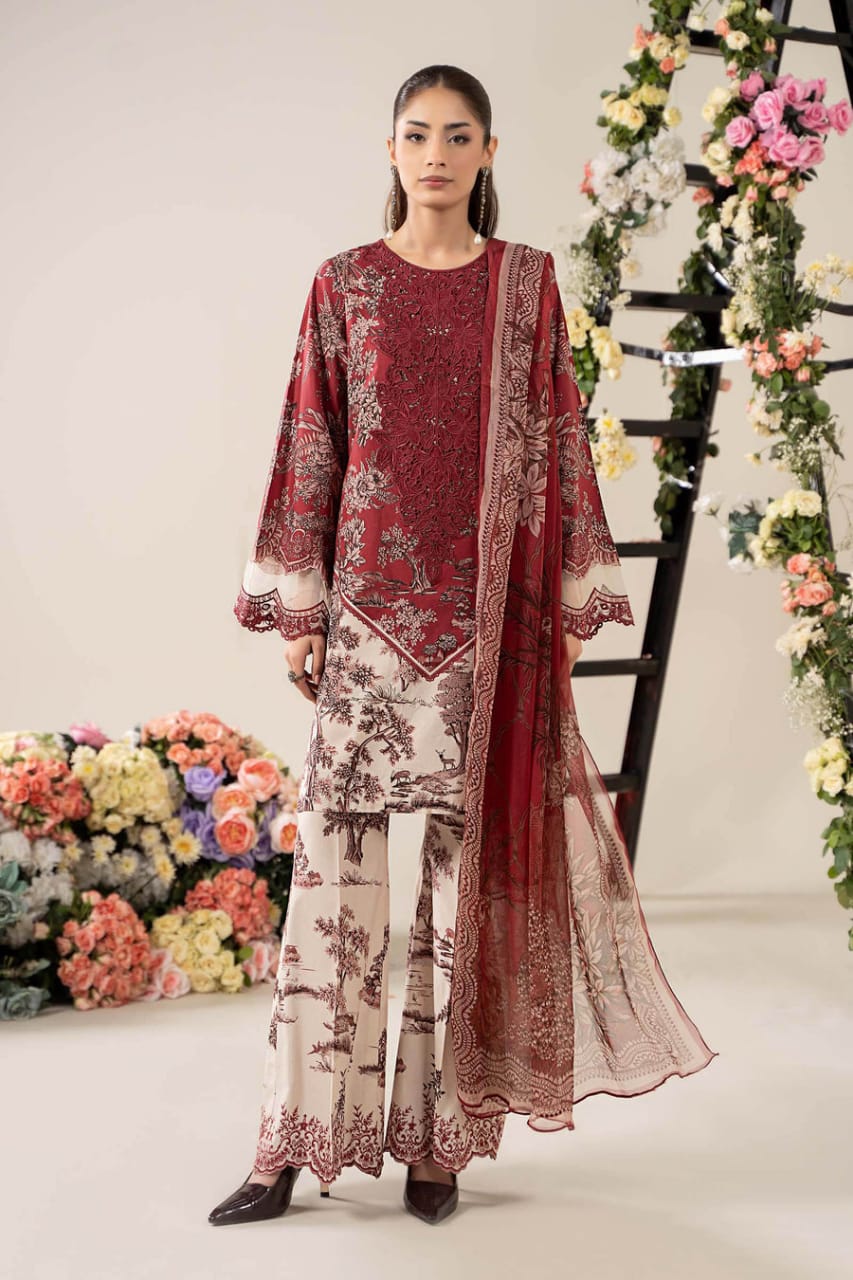 M.B Maroon & White Mprints 2025 Luxury Lawn Embroidered Collection Unstitched