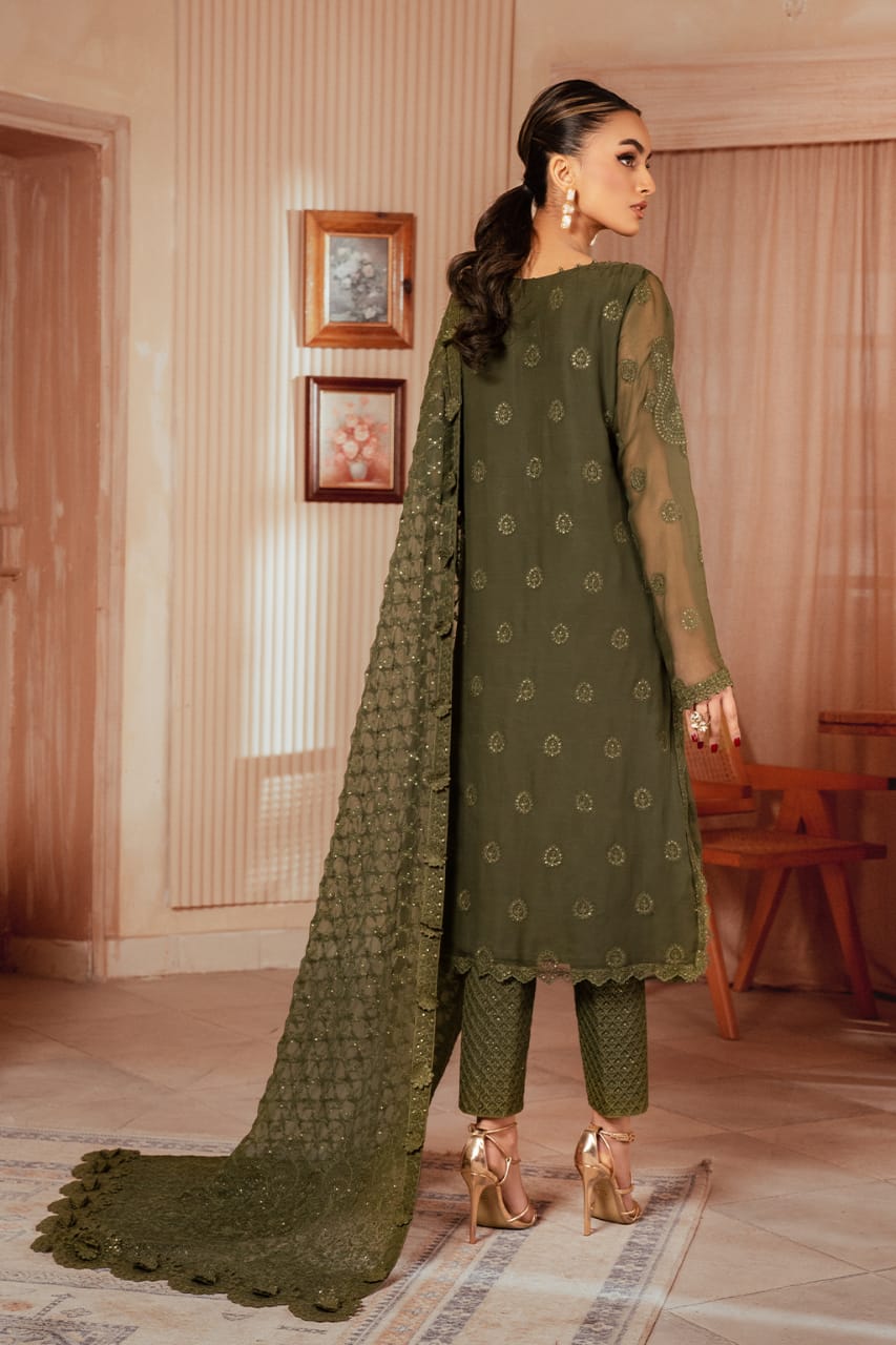 Iznik Green Chiffon Formal Collection Embroidery Dress 3pc