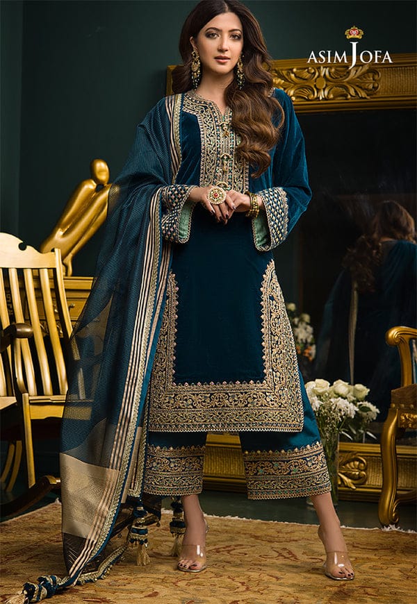 Asim Jofa Blue Chiffon Embroidery Dress Formal Collection 3pc