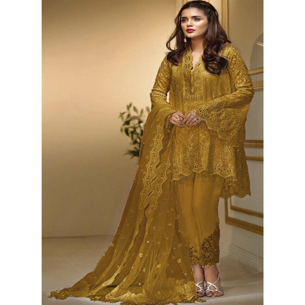 ANAYA PARTY WEAR NET HEAVY DRESS MUSTARD