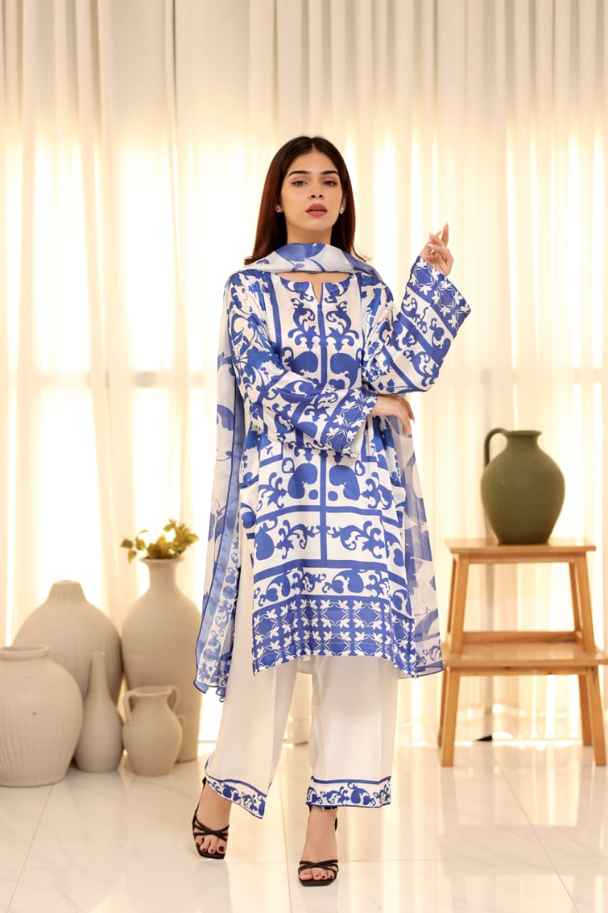 Lulusar Silk Digital Printed Blue & White 3PC Unstitched Dress