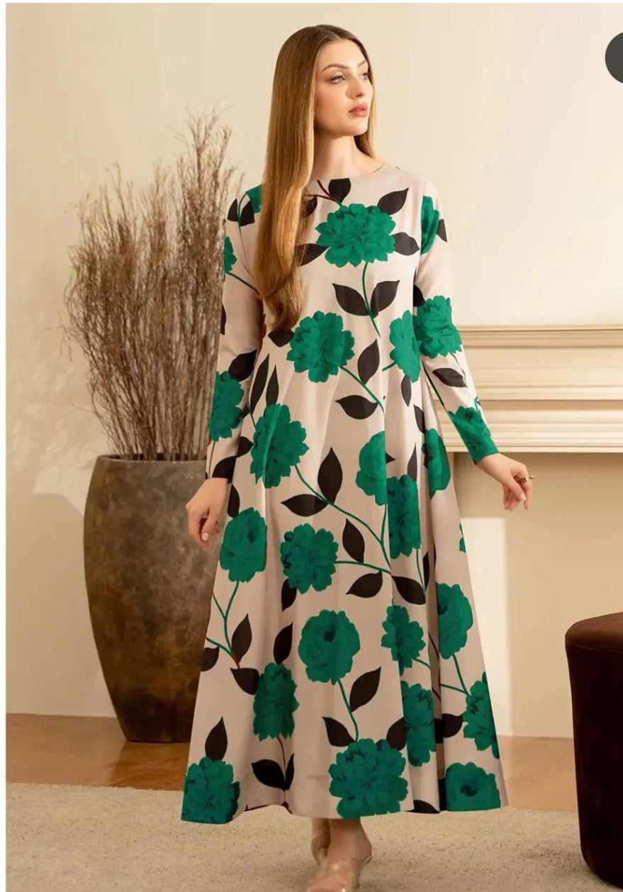 Lulusar Skin Green Flower Digital Print Silk Dress unstiched long shirt