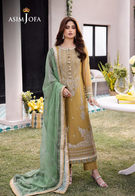 Asim Jofa Mustard & Blue Formal Collection Chiffon Dress 3pc