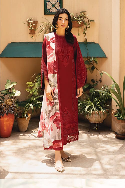 Adan Libas Maroon Embroidery Lawn Chikankari Dress 3pc Unstitched
