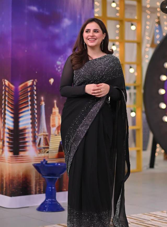 Emaan Fatima Saree Black Chiffon Stone Work Unstitched