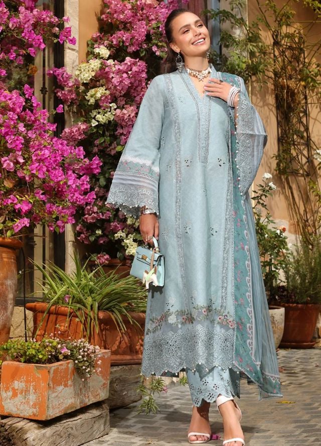Noor Luxe Blue Chikankari Lawn Embroidery 3Piece Unstitched