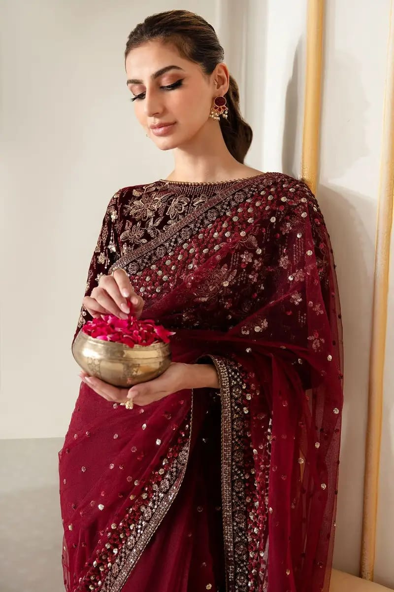 M.B Maroon Wedding Collection Saree Soft Net Fabric Embroidery Unstitched