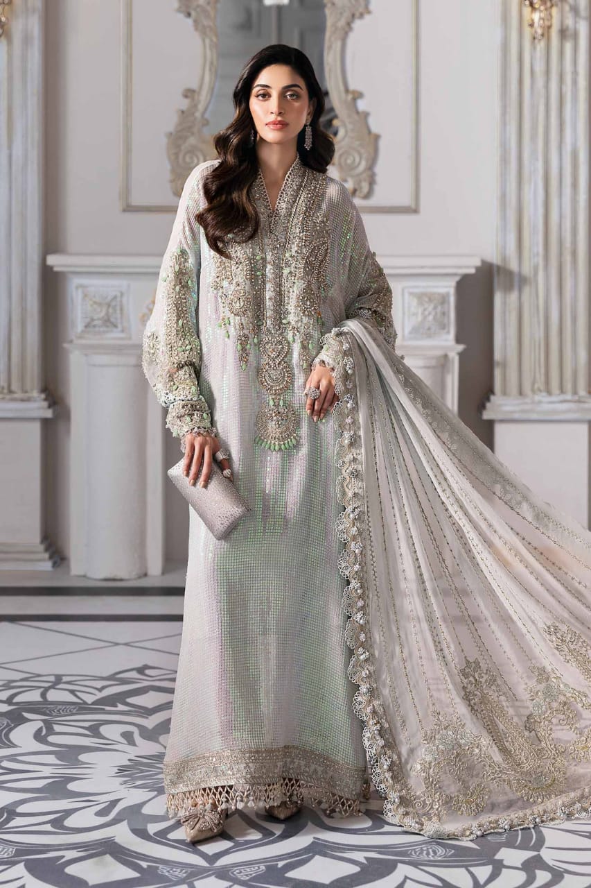 M.B Light Green Luxury Chiffon Embroidered 3piece Unstitched