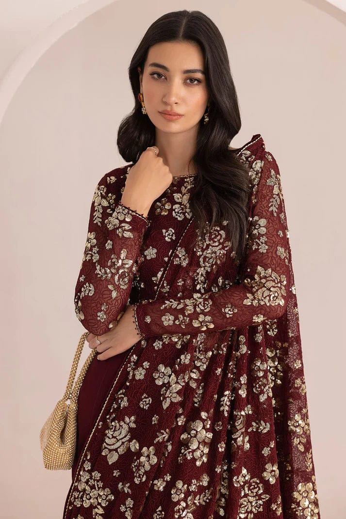 Jazmin Maroon Saree Chiffon Embroidery Unstitched