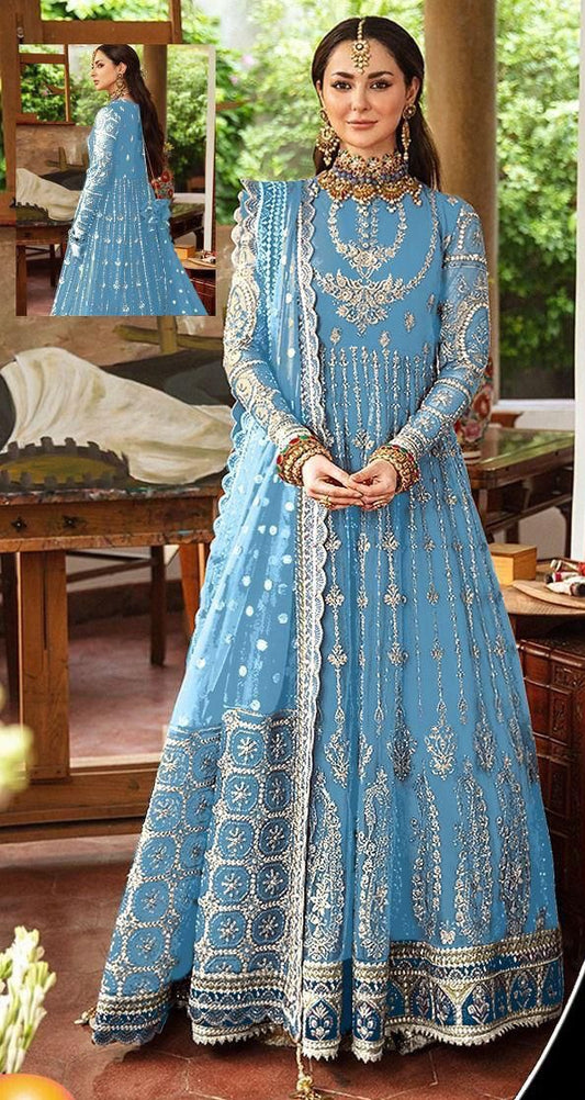 Afrozeh Sky Blue Wedding Collection Soft Net Fabric Maxi