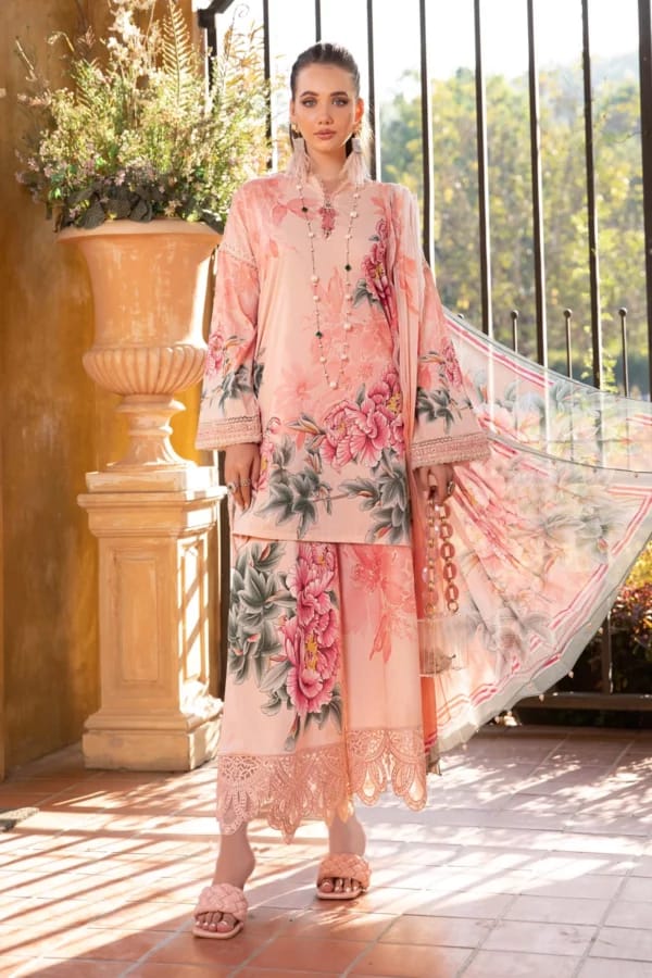 Maria B Peach Pure Lawn Embroidery 3PC