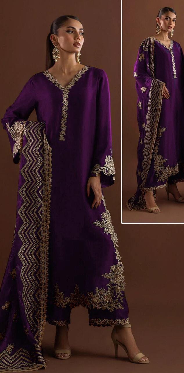 Zainab Chottani Zarsha Silk Purple Embroidery Hand Work 3piece Unstitched