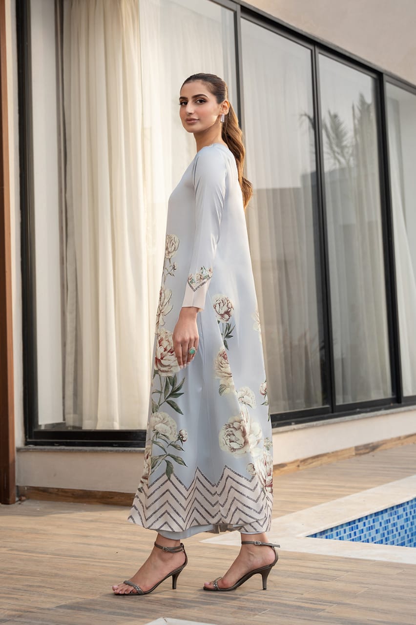 Lulusar Silk Digital Printed Sky Blue 3PC Unstitched Dress