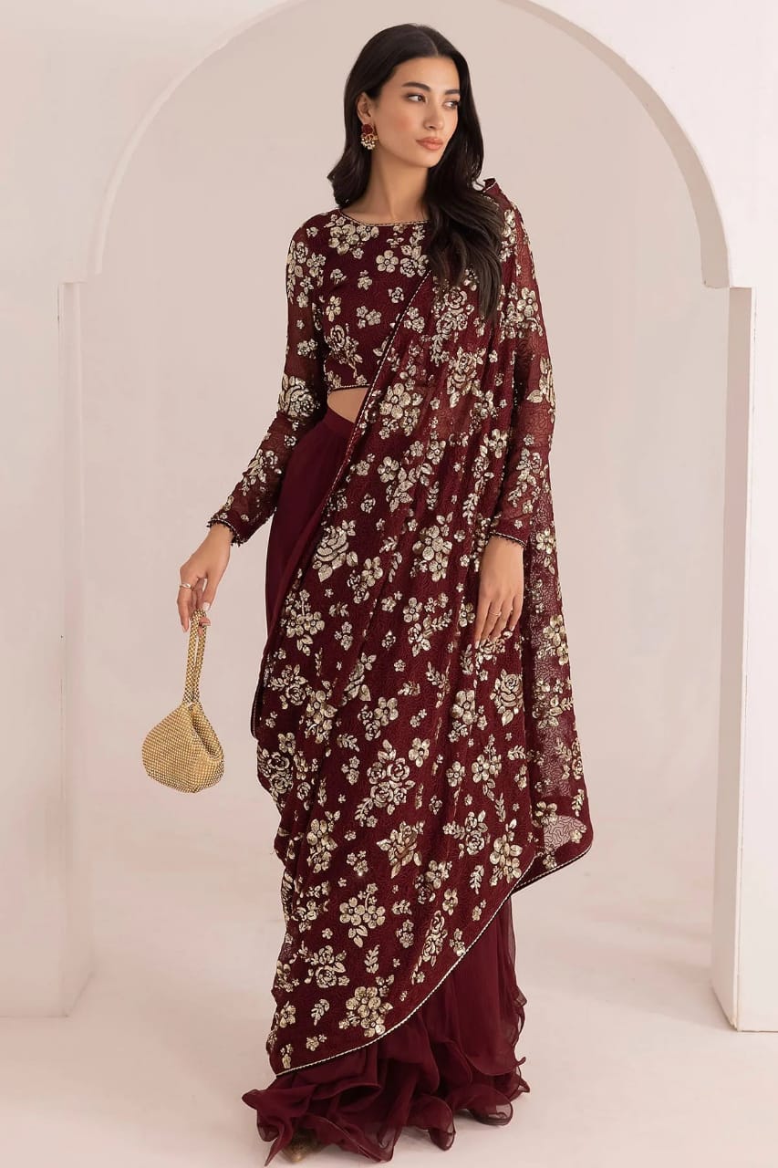Jazmin Maroon Saree Chiffon Embroidery Unstitched