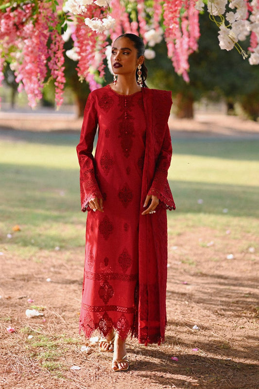 Qalamkar Red Chikankari Embroidery Dress 3pc