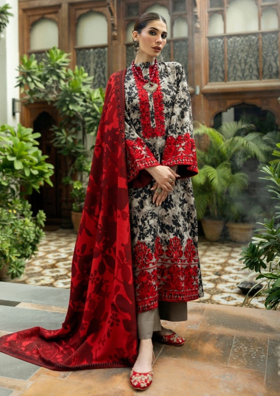 Zainab Chottani Brown Red Printed Lawn Embroidery Unstitched Dress