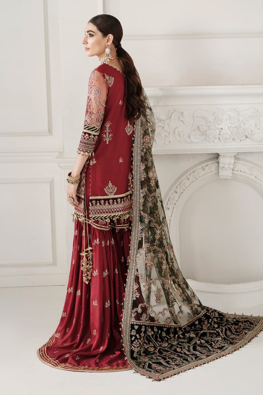 Baroque Maroon Wedding Collection Soft Net Fabric Silk Gharara 3pc