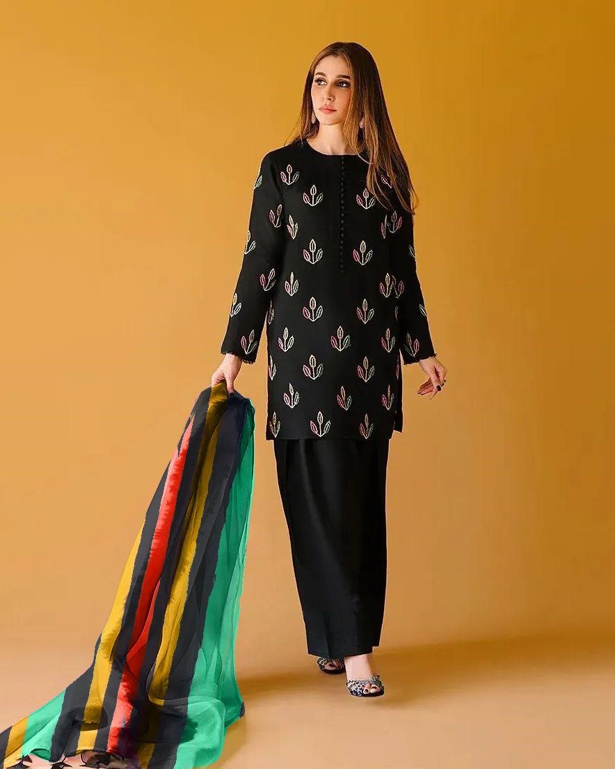 Designer Wear Black Cotton Lawn Embroidery Dress 3pc