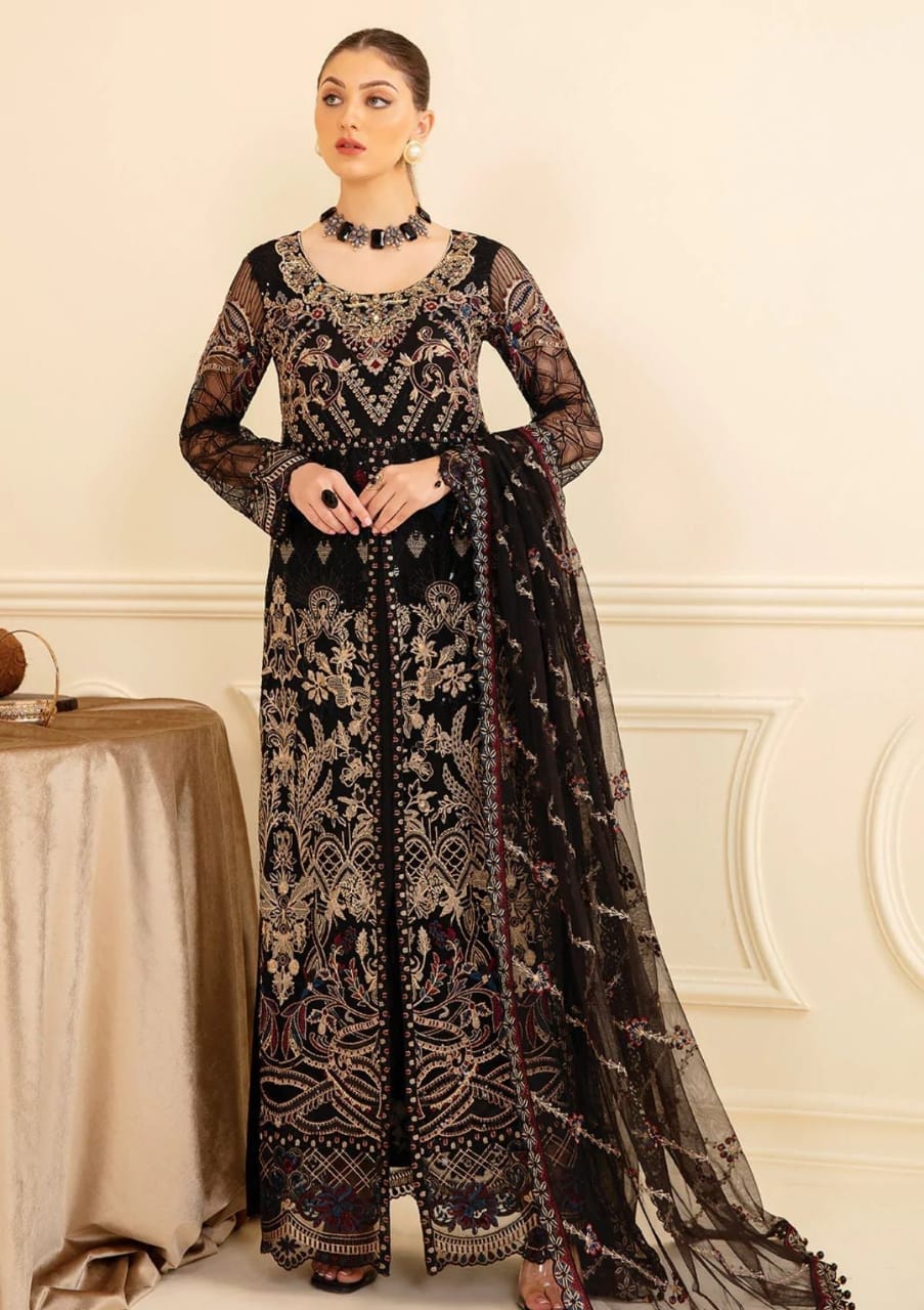 Ramsha Minhal Black Chiffon Embroidered 3piece Unstitched