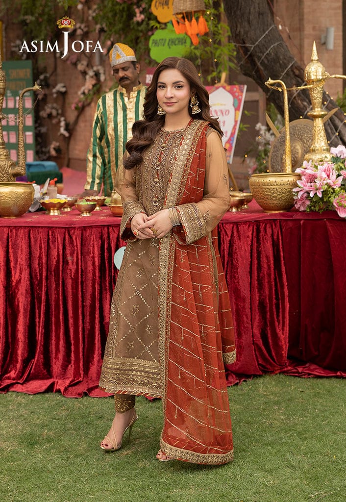 Asim Jofa Green & Rust Chiffon Formal Dress 3Piece Unstitched