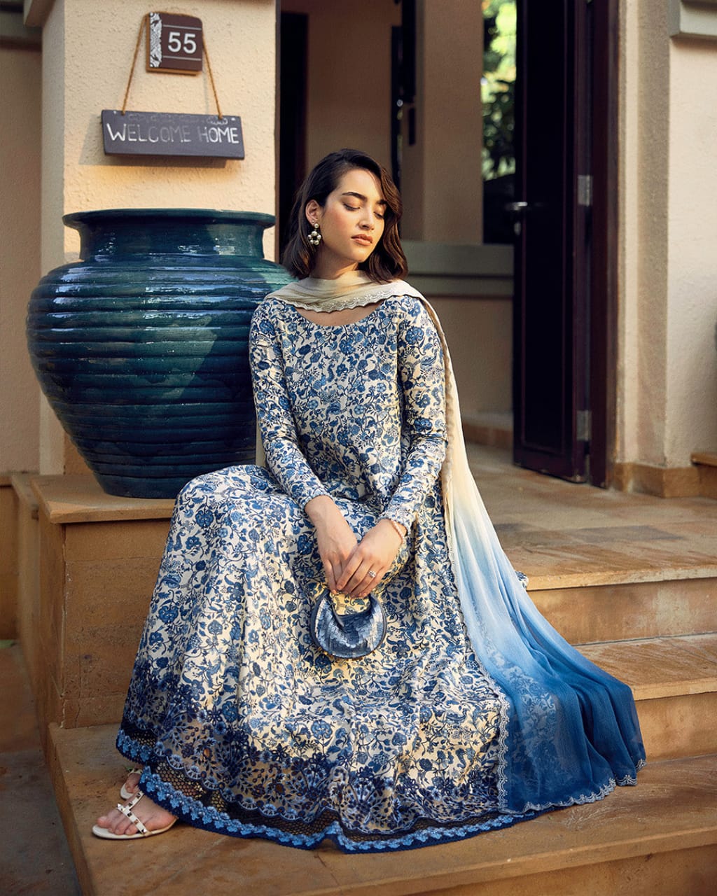 Faiza Saqlain Blue Lawn Embroidery Frock 3Piece Unstitched