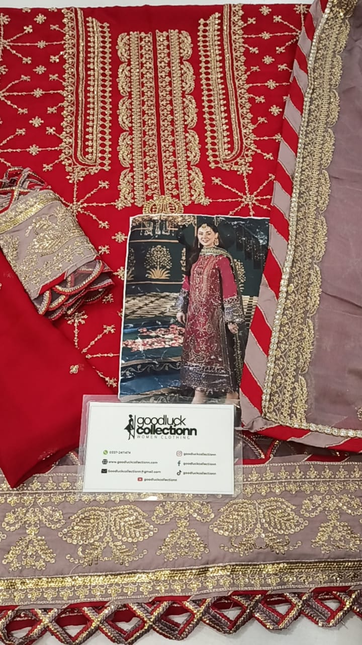 Asim Jofa Red Luxury Chiffon Embroidery 3piece Unstitched