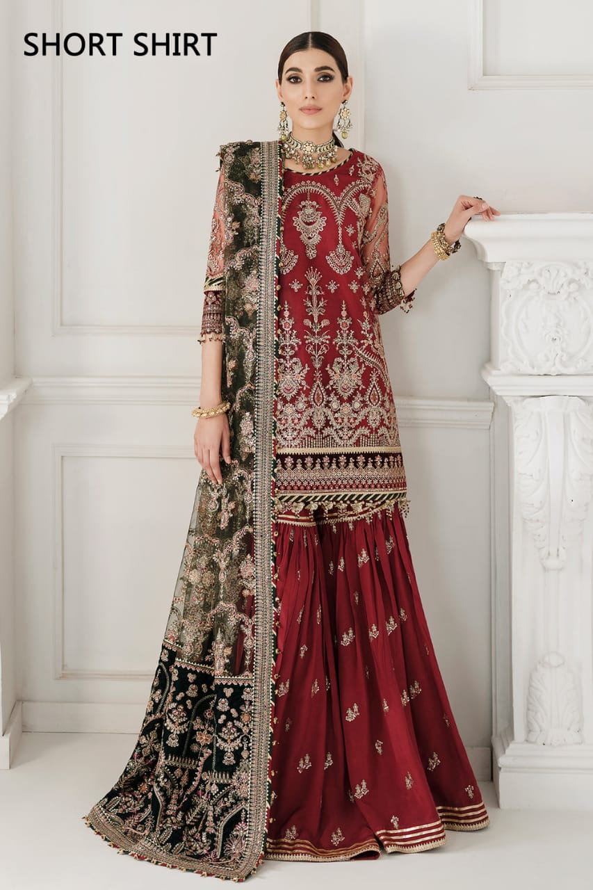 Baroque Maroon Wedding Collection Soft Net Fabric Silk Gharara 3pc