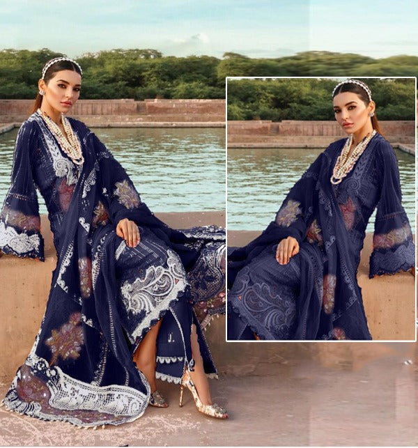 CRIMSON BLUE CHIKANKARI DRESS LAWN FABRIC UNSTITCHED