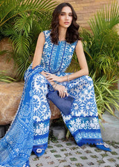 M.B Blue printed Lawn Embroidery 3pc Unstitched Dress