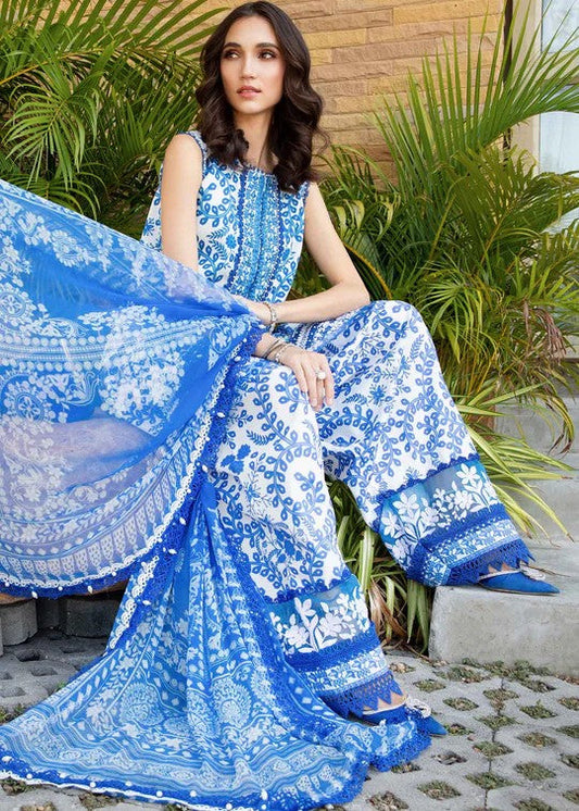 M.B Blue printed Lawn Embroidery 3pc Unstitched Dress