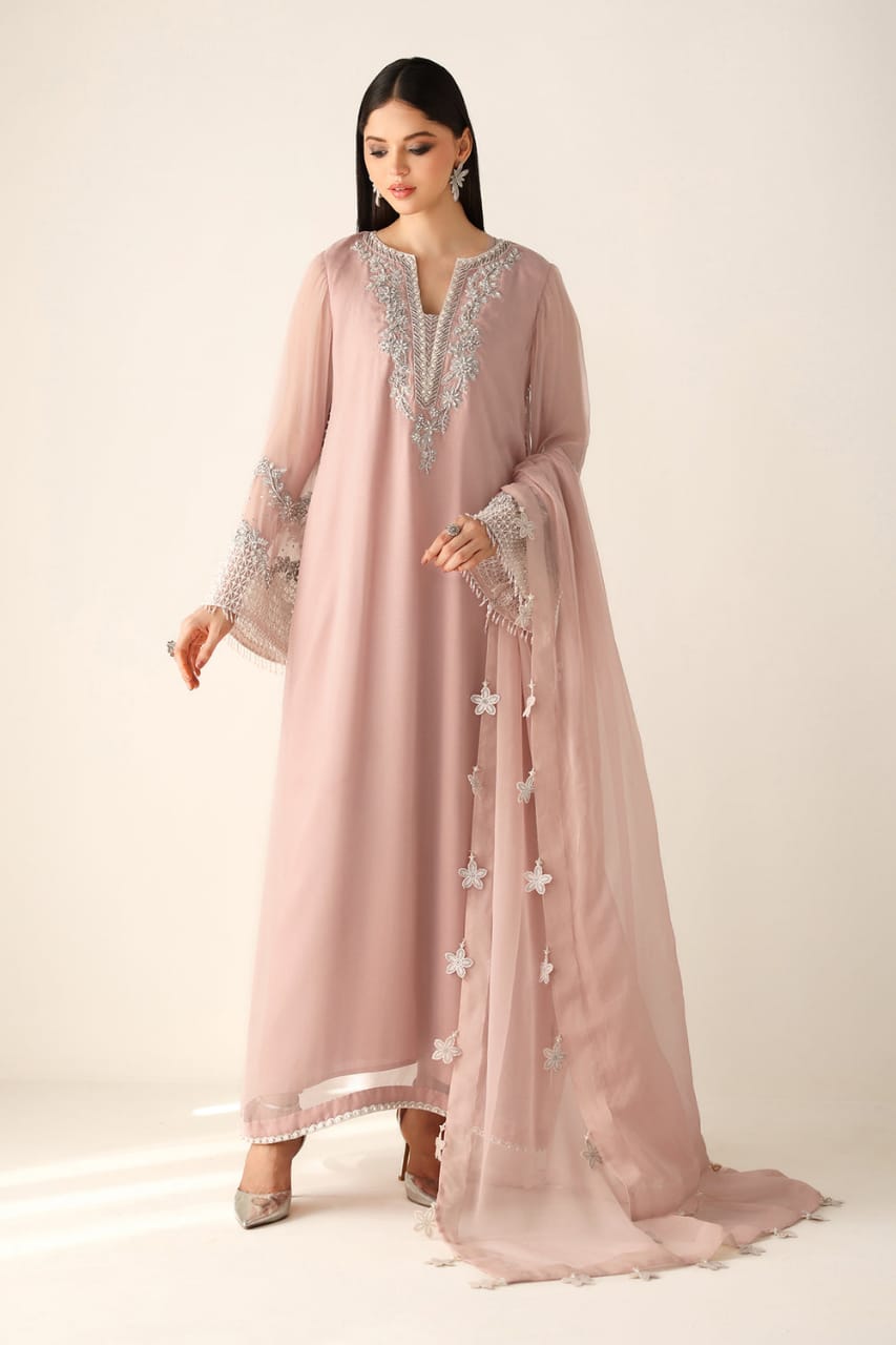 Baroque Peach Hand Wok Chiffon Embroidery Party Wear Collection 3piece Unstitched