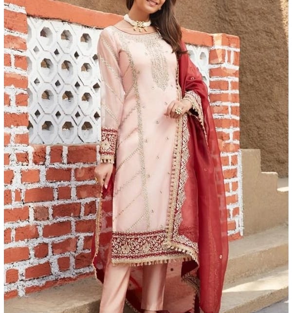 Asim Jofa Skin & Maroon Organza Dress Formal Collection 3pc