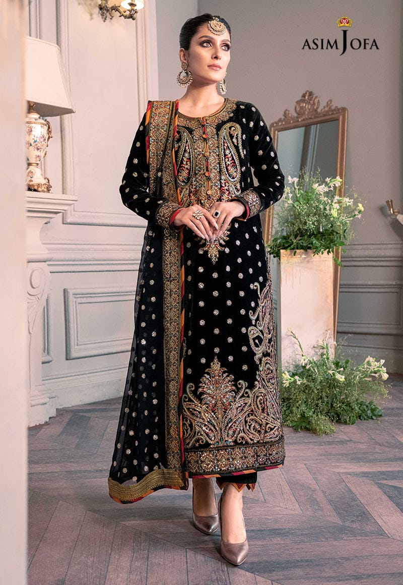 Asim Jofa Black Multi Velvet Formal Collection 3pc Unstitched