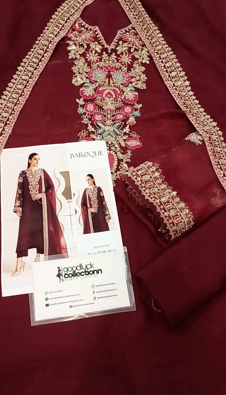 Baroque Maroon Chiffon Emb Party Wear Collection 3pc Unstitched