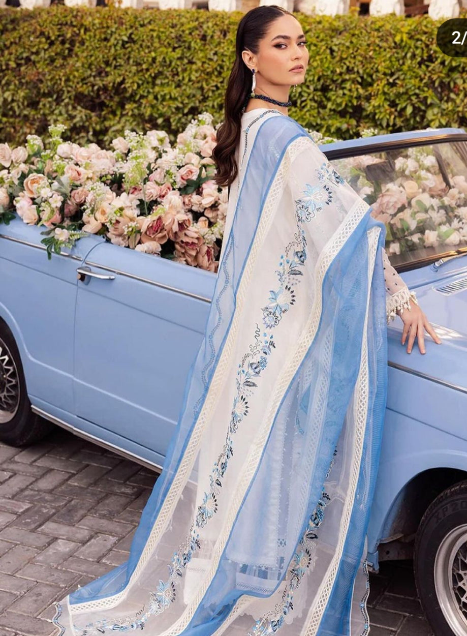 Hussain Rehar White Chikankari Lawn Embroidery Dress Luxury 3pc