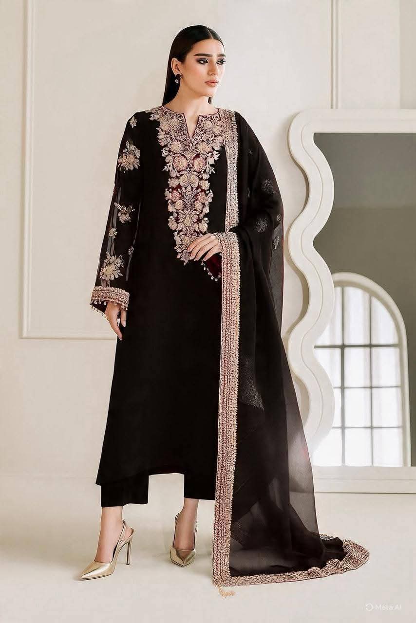 Baroque Black Chiffon Emb Party Wear Collection 3pc Unstitched