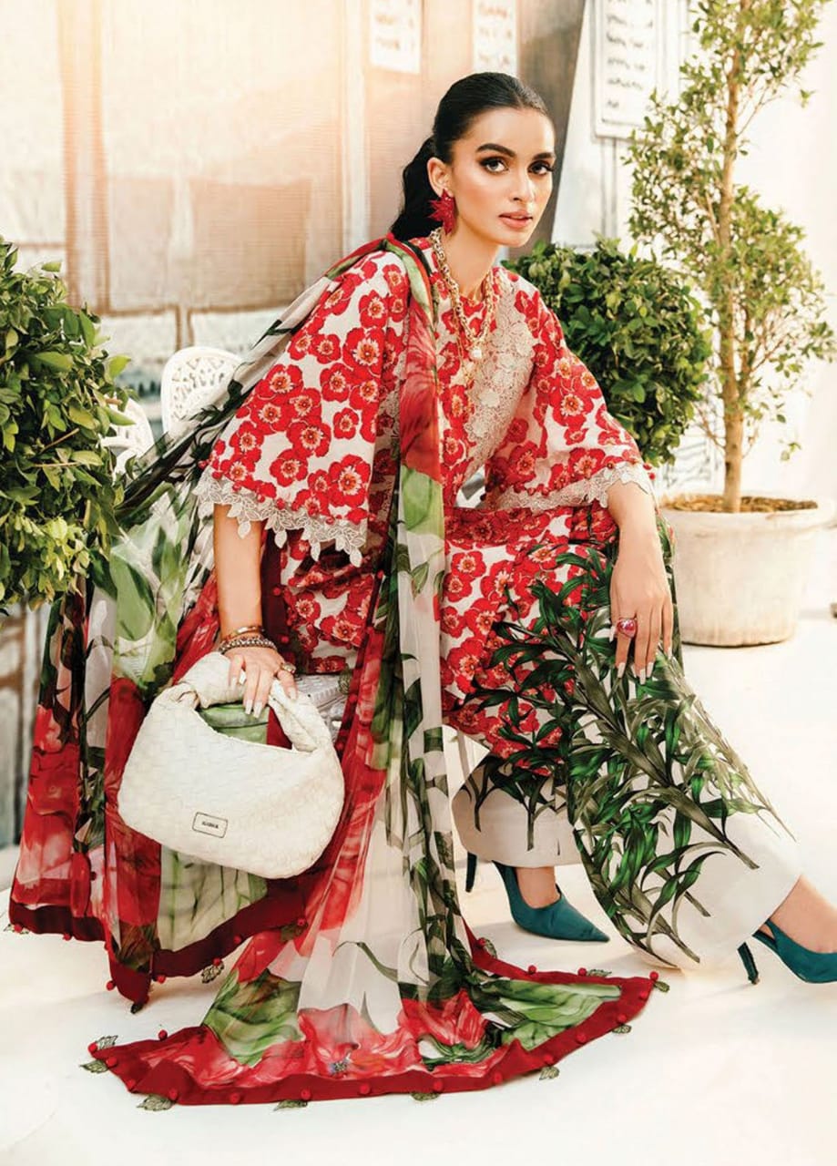 M.B Red Mprints 2025 Luxury Lawn Embroidered Collection Unstitched
