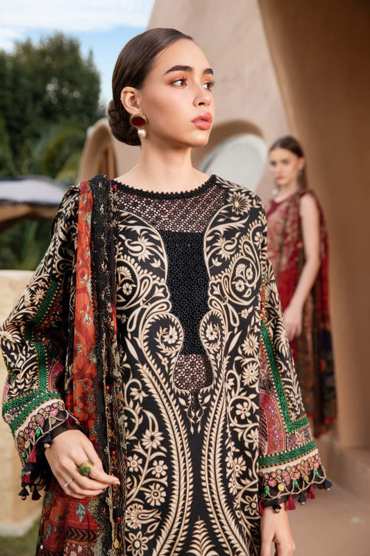 M.B Black printed Lawn Embroidery 3pc Unstitched Dress