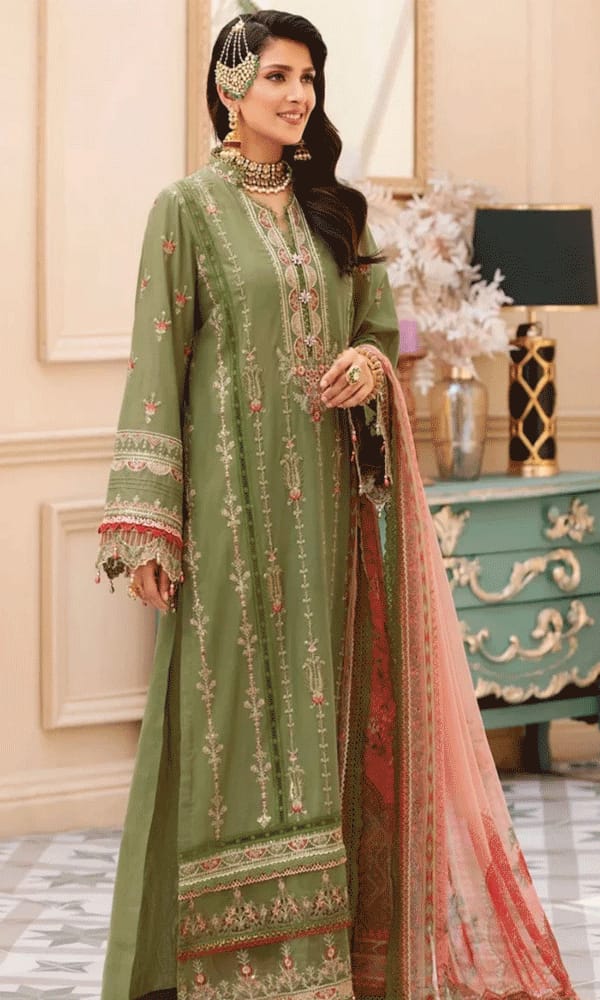 Ayeza Khan Green Embroidery Cotton Lawn Luxury Collection