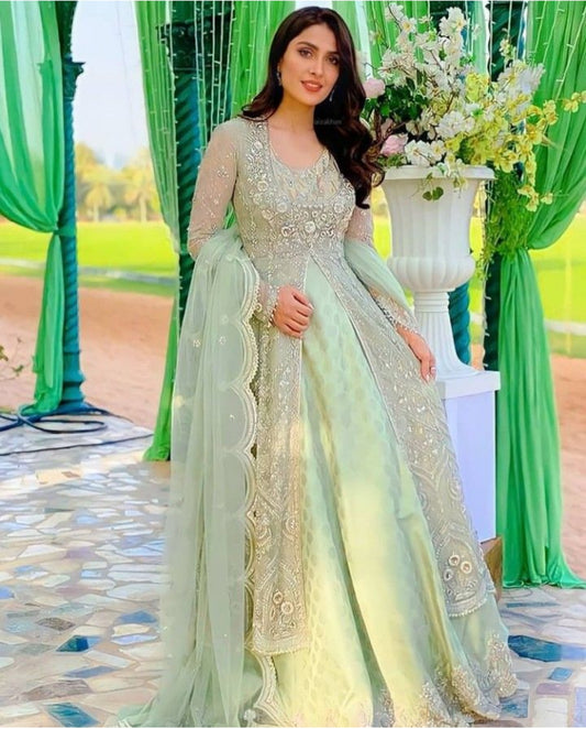 Ayeza Khan Green Wedding Collection Soft Net Maxi