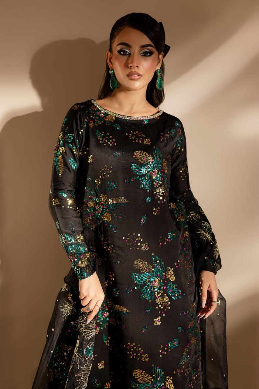 Nureh Black Raw Silk Embroidered & Hand Embellished 3piece Unstitched