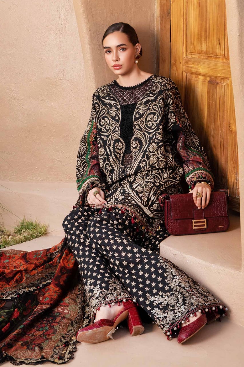 M.B Black printed Lawn Embroidery 3pc Unstitched Dress