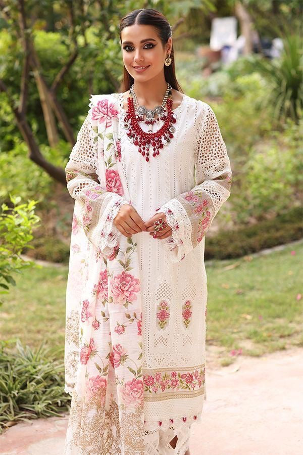 IQRA AZIZ WEAR WHITE CHIKANKARI LAWN EMBROIDERY DRESS UNSTITCHED
