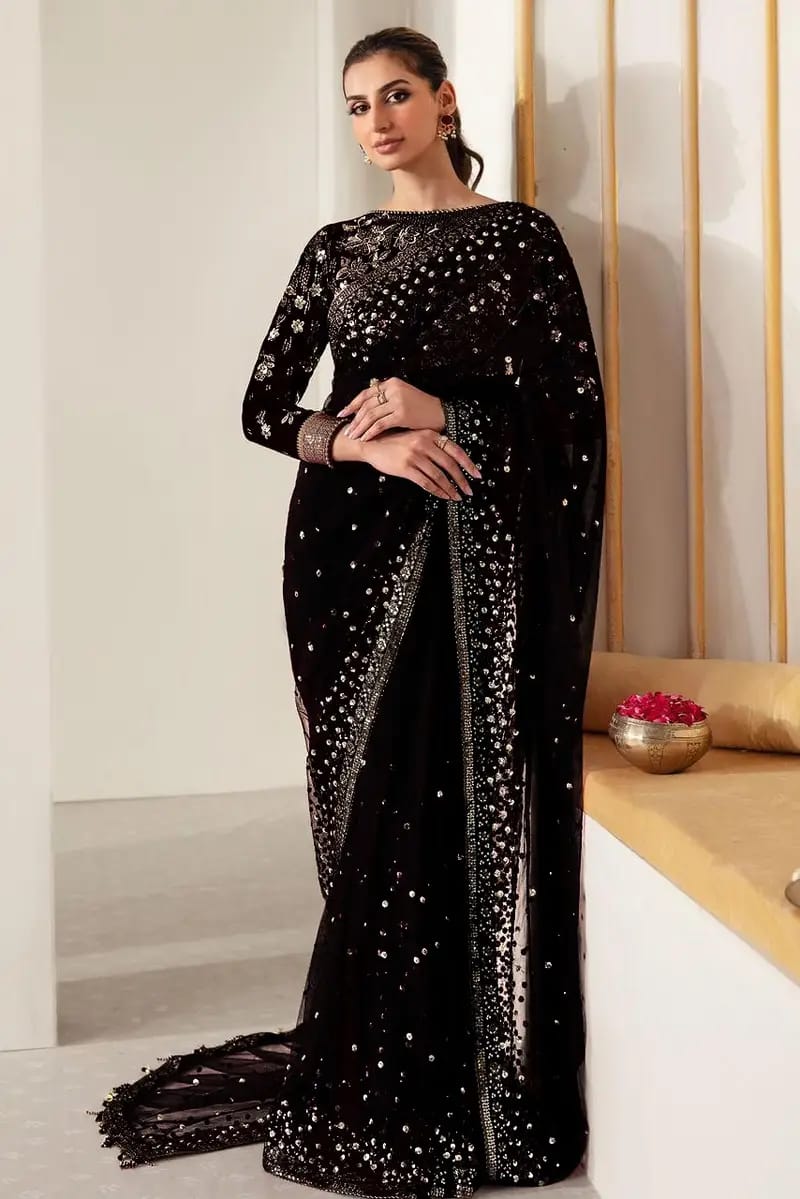 M.B Black Wedding Collection Saree Soft Net Fabric Embroidery Unstitched