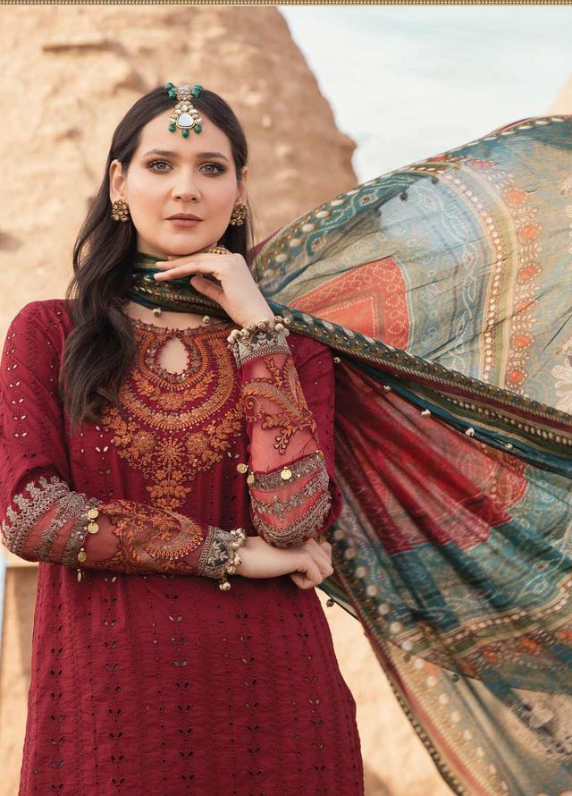 M.B Maroon Lawn Summer Collection Emb 3pc Unstitched